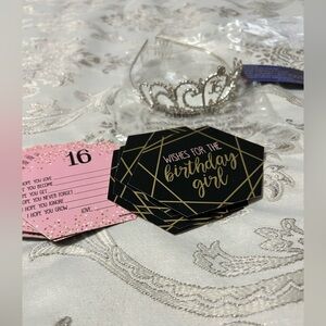 Sweet 16 Birthday Girl Wishes Card Set - Black & Pink - with sweet 16 Crown 👑